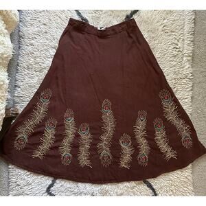 Vintage Faith Resortwear skirt Brown Gold feather Y2K Embellish linen  peacock